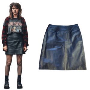VTG 80s Black 100% Leather High Waist Moto Grunge Mini Skirt Size 7